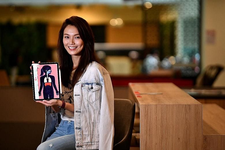 Actress Joanne Peh (above, with The Human Body app) uses digital devices to support the learning of her two children aged five and three. For example, when they read about birds in a book, she uses videos to let them hear the sounds birds make.