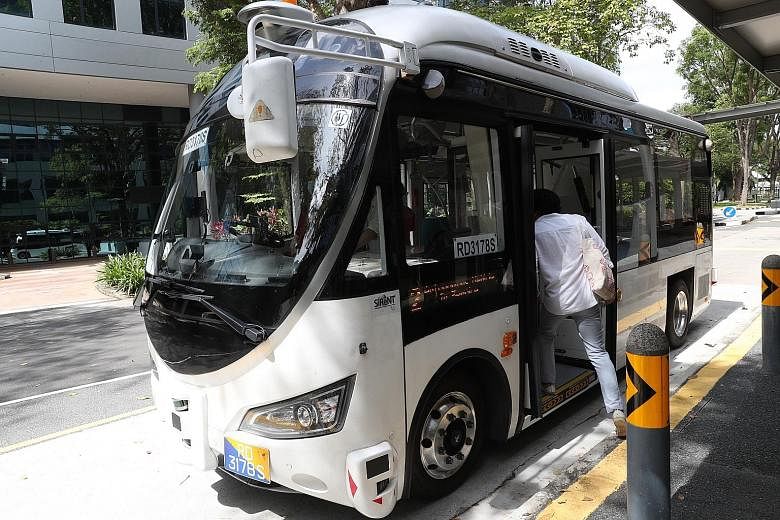 An autonomous bus in Science Park 2 yesterday. This will be the first time driverless bus services here have collected fares from passengers and generated revenue.