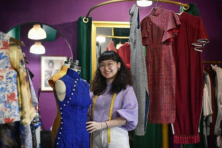 Ms Hu Ruixian (above) of Studio HHFZ is keenly sought after for modern cheongsam designs (left) in unconventional fabrics and quirky prints.