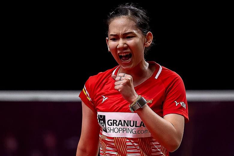Thailand's Pornpawee Chochuwong celebrating a point against top-ranked Tai Tzu-ying of Chinese Taipei at the World Tour Finals yesterday. The world No. 13 won the match 21-17, 21-11.