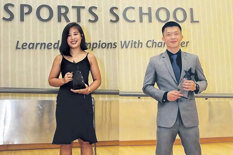 Squash player Au Yeong Wai Yhann and wushu exponent Jowen Lim received the Annabel Pennefather and Tan Howe Liang Excellence Awards respectively at the Singapore Sports School Awards Night.