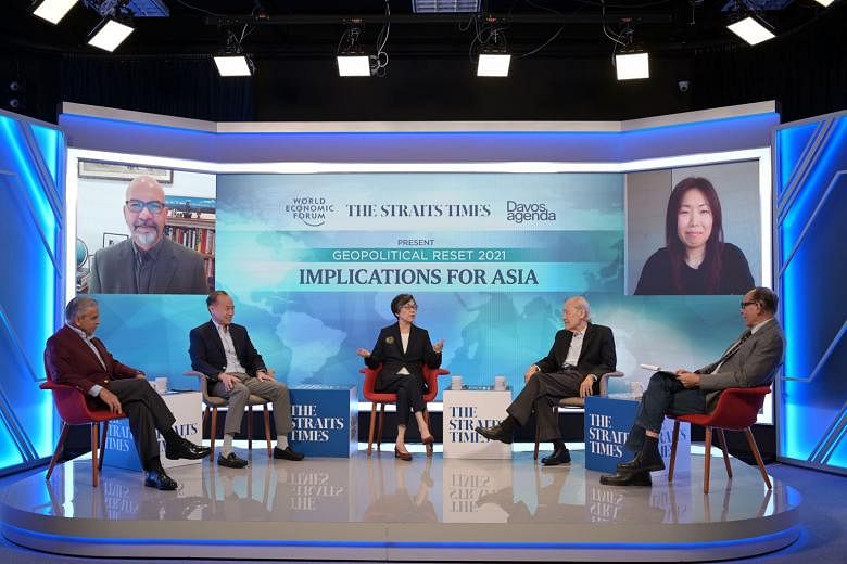 Diplomatic and academic heavyweights at the Geopolitical Reset 2021: Implications for Asia webinar presented by The Straits Times and the World Economic Forum yesterday. From left: Professor Kishore Mahbubani, former foreign minister George Yeo, Prof