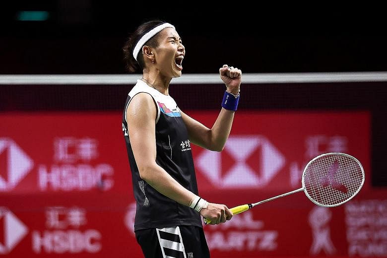 Chinese Taipei's Tai Tzu-ying celebrating during the title decider at the World Tour Finals against Spain's Carolina Marin in Bangkok yesterday. She got the better of her opponent after two straight losses.