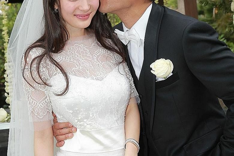 (Left) Actress Yang Mi in a wedding photo with Hawick Lau in 2014. (Above) Veteran actor Lau Dan.