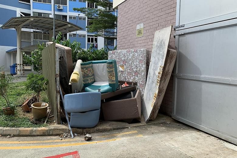 Clockwise from above, left: Bulky items dumped at a non-designated area below a Boon Tiong Road HDB flat in Tiong Bahru on Feb 1; non-recyclable items left next to a recycling bin in Tiong Bahru; and furniture discarded at a bin centre in Lorong 6 To