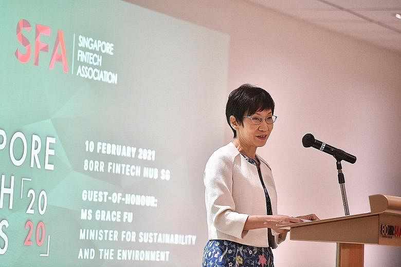 Minister for Sustainability and the Environment Grace Fu speaking at the Singapore FinTech Association FinTech Awards yesterday. She said that the industry can play an important role in the Singapore Green Plan 2030.