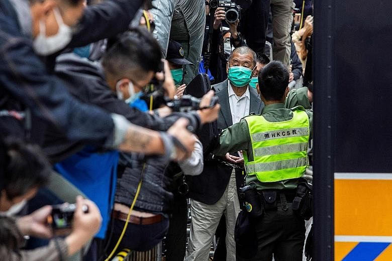 Hong Kong media tycoon Jimmy Lai leaving the Court of Final Appeal after his bail was denied in Hong Kong last Tuesday. Since Beijing's imposition of a new national security law last June to snuff out huge and often violent democracy protests, nearly
