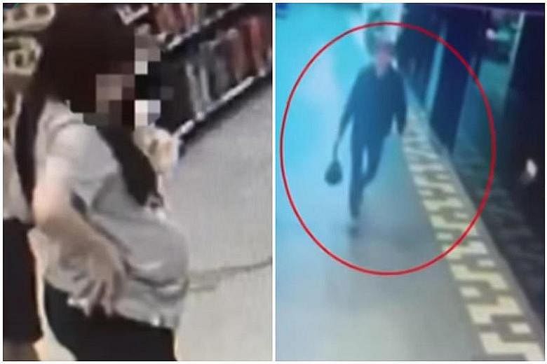 CCTV security footage showing the woman looking pregnant and the man allegedly taking the baby's body in a black plastic bag to dump in the food waste bin of a Taipei restaurant in 2019.
