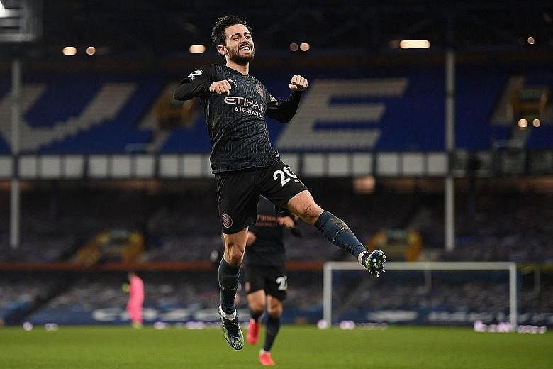 Manchester City's Bernardo Silva celebrating after scoring his team's third goal in the 3-1 Premier League win over Everton on Wednesday. The victory means that City are now 10 points clear at the top of the standings ahead of Manchester United, who 