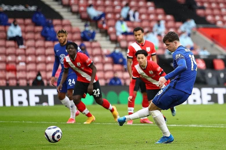Mason Mount scoring Chelsea's equaliser from the penalty spot during their Premier League match against Southampton at St Mary's Stadium yesterday. It was his fourth league goal of the season and fifth in all competitions. PHOTO: AGENCE FRANCE-PRESSE