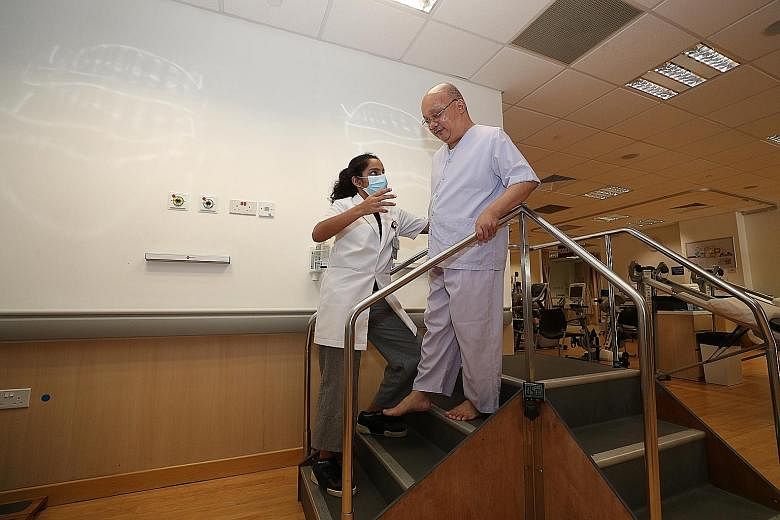 Above: Physiotherapist Vinita Sheri assisting a patient with the use of stairs to improve mobility and muscle strength. Left: Radiographer Ang Xu Kai had his certification expedited so that he could help with increased labour demands amid the coronav