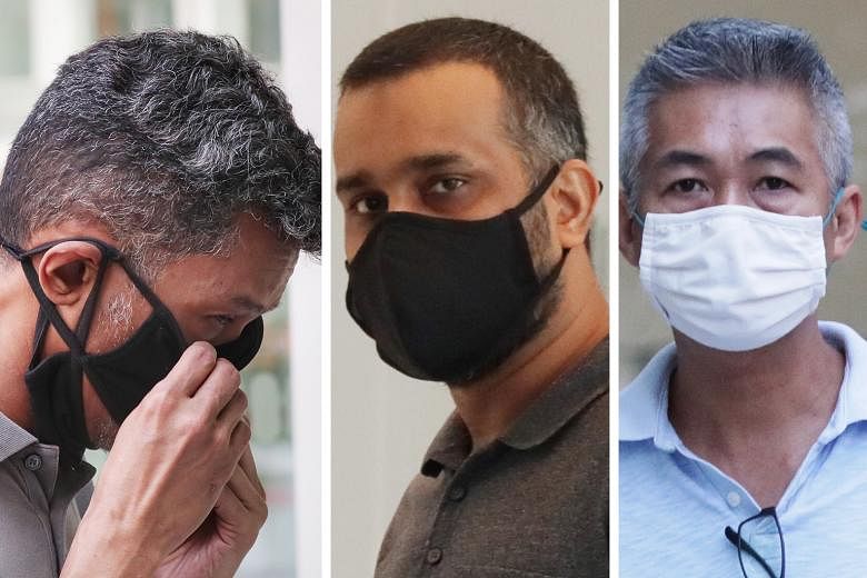 (From left) Juandi Pungot, Muzaffar Ali Khan Muhamad Akram and Richard Goh Chee Keong were charged with bribing inspectors of vessels that Shell supplied fuel to.