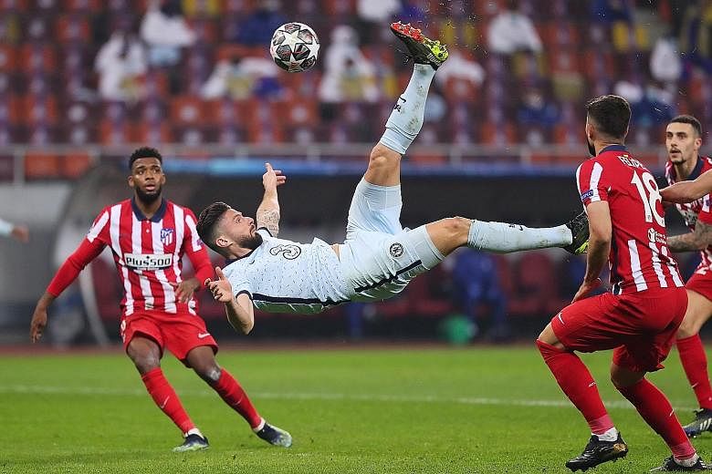 Frenchman Olivier Giroud's overhead kick in the 68th minute gave Chelsea a 1-0 away win in the first leg of their Champions League last-16 tie with Atletico Madrid. The 35-year-old is the oldest player to score in the knockout stage for the Blues, wh