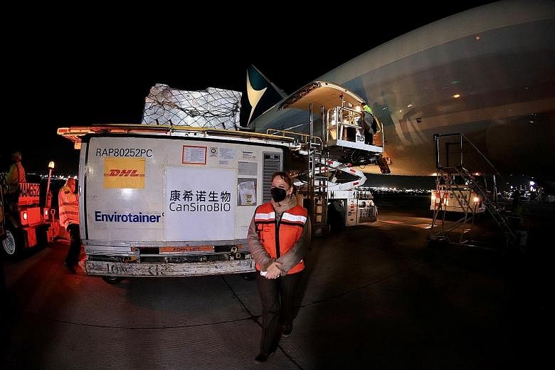 A container transporting the active ingredient for two million doses of CanSino Biologics' Covid-19 vaccine arriving at Benito Juarez International Airport in Mexico City earlier this month. The Chinese company's vaccine has been approved for use in 