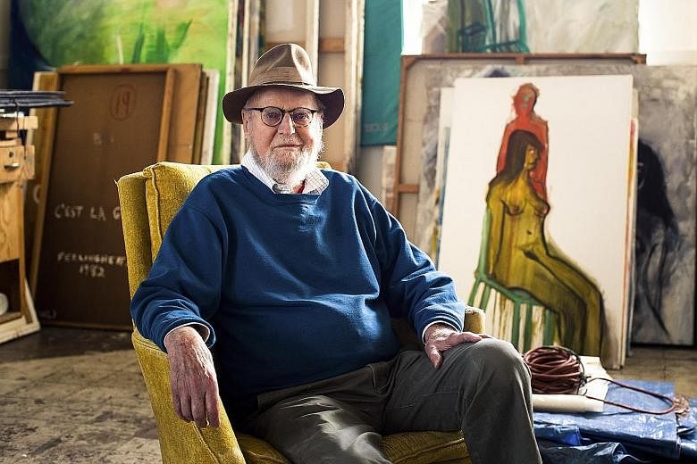 Lawrence Ferlinghetti with his painting Monkey On Back at his studio in San Francisco in 2016. The poet and publisher also worked in other mediums including painting, fiction and theatre.
