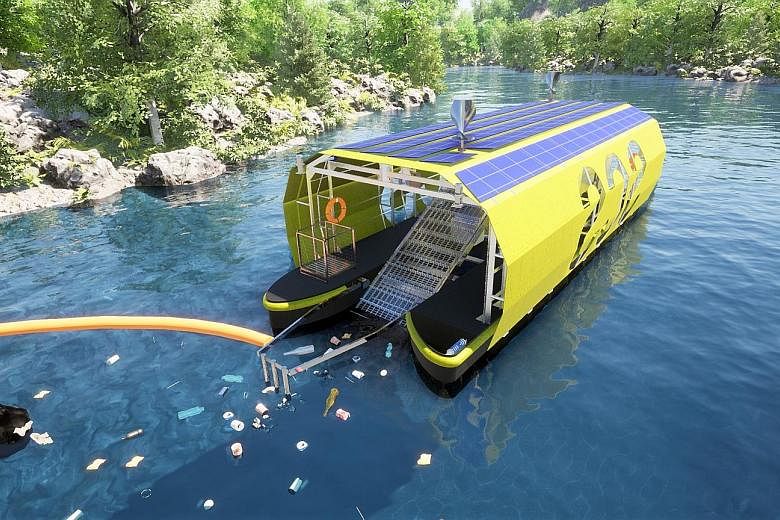 Seven Clean Seas' vessel-like machine is powered by solar and wind energy and can hold about 2,000kg of trash.