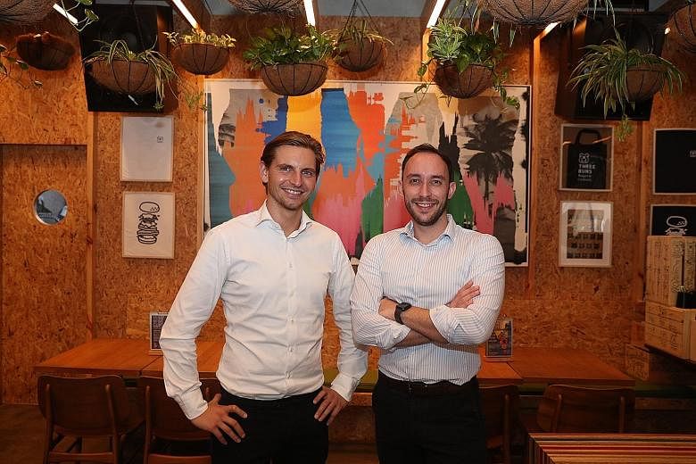 Left: Next Gen co-founders Timo Recker (far left) and Andre Menezes. Above: A burger made with Next Gen's plant-based chicken thigh product. PHOTOS: TIMOTHY DAVID, NEXT GEN