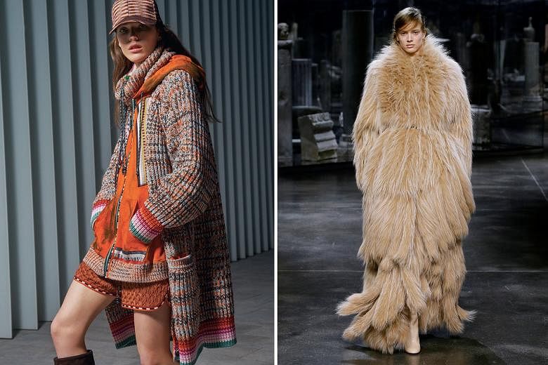 A creation from the Missoni fall/winter 2021/2022 women's collection (above) and another from Fendi (right) during live-streamed shows at Milan Fashion Week, which has gone virtual this season.