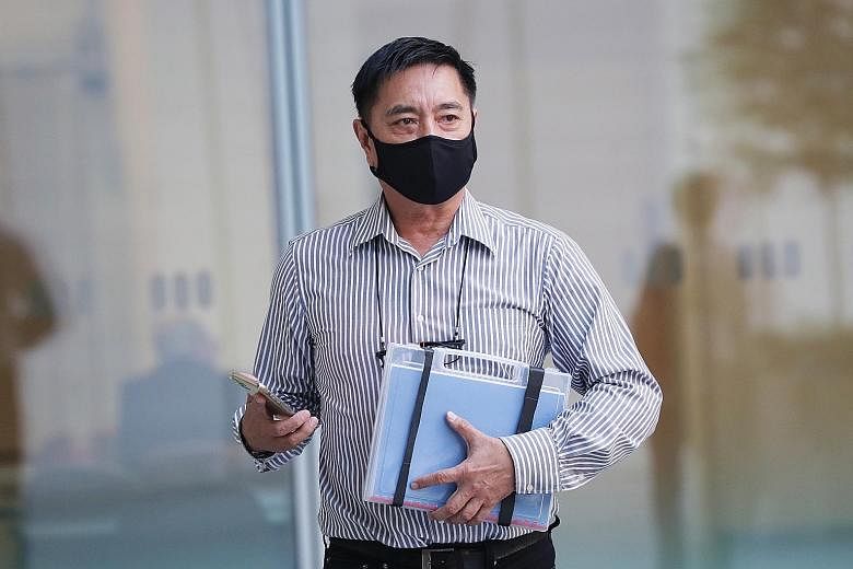 Former actor Ng Aik Leong, better known as Huang Yiliang, arriving at the State Courts yesterday. He was found guilty last month of assaulting a Bangladeshi worker with a metal scraper in 2018.