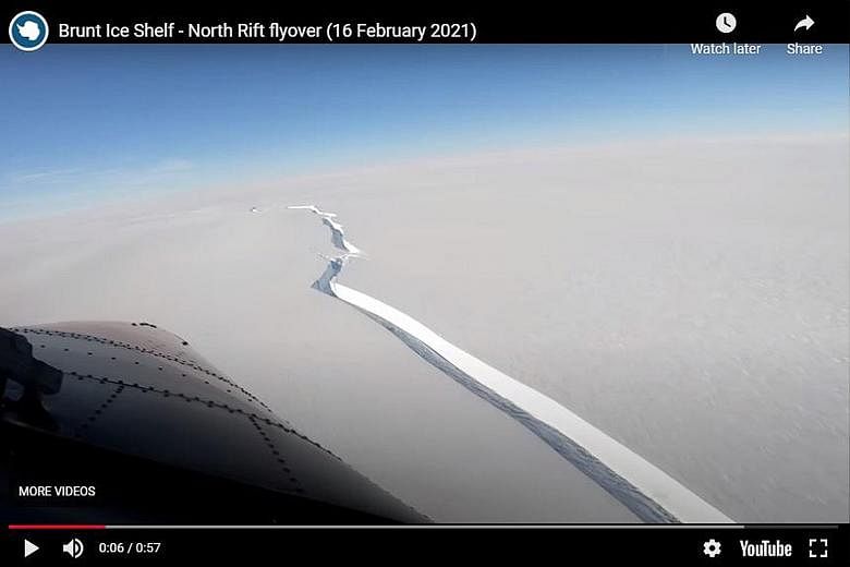 The iceberg, measuring 1,270 sq km, broke off from the 150m-thick Brunt Ice Shelf in a process called "calving". This came almost a decade after scientists first saw that massive cracks had formed in the shelf. PHOTO: BRITISH ANTARCTIC SURVEY/YOUTUBE