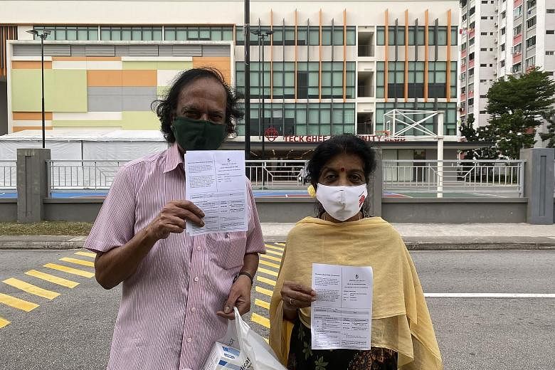 Above: Arts instructor Jarosani Thevi, 72, and husband Arunachala Thevar Baskaran, 75, had their two shots this month. Ms Jarosani said neither of them had any side effects. Left: Ang Beng Giap, 73, said that the process of getting his second jab on 