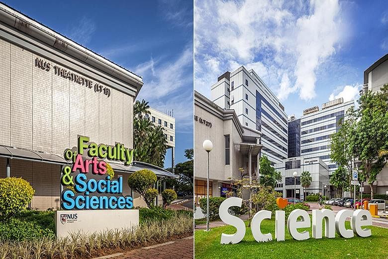 (Top) The Faculty of Arts and Social Sciences and the Faculty of Science at the National University of Singapore. (Above) NUS president Tan Eng Chye mingling with students before the Covid-19 pandemic.