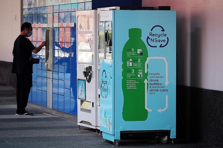 A Recycle N Save reverse vending machine, which takes in empty beverage containers and dispenses non-monetary rewards, outside Bugis+ mall. It is part of a recycling initiative introduced in late 2019.