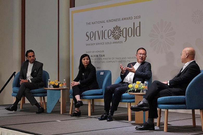 Ms Lim Cheah Yi, a guest services officer at Furama RiverFront, and Mr Mohammad Nurul Amin Mohsinul Azam, a junior supervisor at Conrad Centennial Singapore, received the National Kindness Award - Service Gold at a ceremony at Furama RiverFront yeste