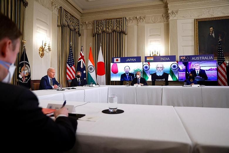 US President Joe Biden having a virtual meeting with Japanese Prime Minister Yoshihide Suga, Indian Prime Minister Narendra Modi and Australian Prime Minister Scott Morrison yesterday. It was the first meeting at leader level of the four countries kn