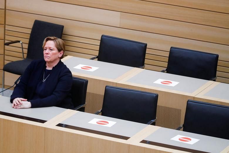 Ms Susanne Eisenmann of the centre-right Christian Democratic Union in the Baden-Wurttemberg state Parliament on Sunday. German Chancellor Angela Merkel's conservative party has suffered its worst-ever results in elections in the south-western states