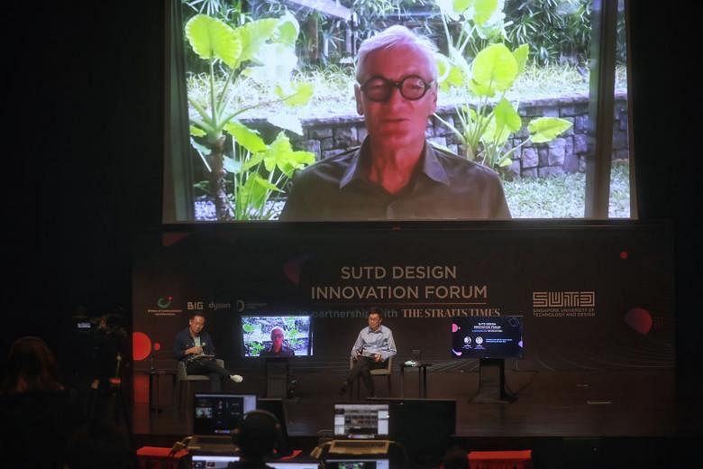 British entrepreneur and inventor James Dyson (on screen) speaking at the virtual Design Innovation Forum yesterday. Singapore University of Technology and Design president Chong Tow Chong (right) also spoke at the forum, which was moderated by Desig