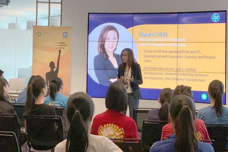 Ms Chua speaking at an HP Singapore Women's Impact Network event. She says HP has several policies and programmes to help accelerate women in leadership. 