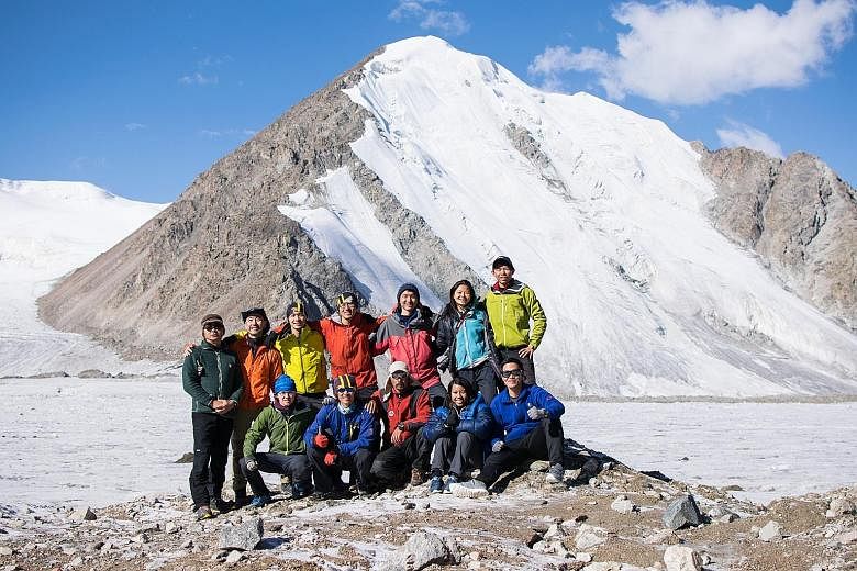 Above: Mr Joel Lim (back row, far right), a former president of the National University of Singapore's mountaineering club, with his team near the Ong Siew May peak in the Tien Shan mountain range in 2017. Left: Current club president Nathaniel Soon 