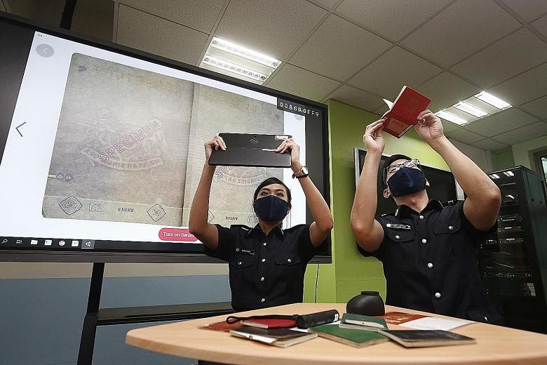 ICA officers showing how the app uses augmented reality (left) to enable them to tilt the passports to look for signs of forgery, in the way they are able to, with a physical passport (right).