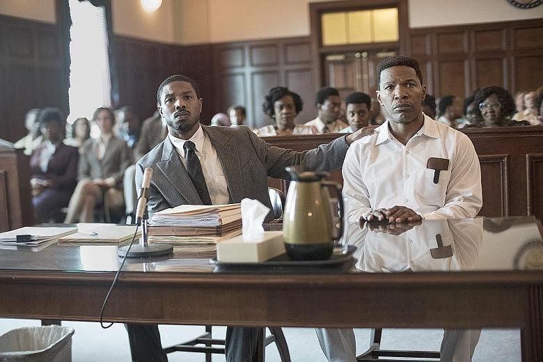 In Just Mercy, Michael B. Jordan (far left) is a lawyer who fights to exonerate an innocent death-row inmate, played by Jamie Foxx (left).
