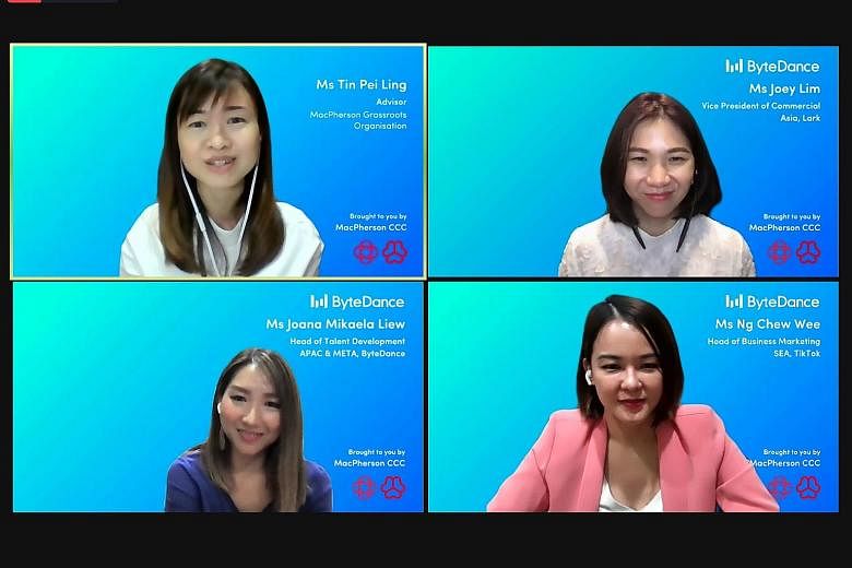 (Clockwise from top, left) MacPherson MP Tin Pei Ling hosting a virtual grassroots dialogue session with panellists Joey Lim, Ng Chew Wee and Joana Liew yesterday. The session was part of TikTok's new live-stream series, aimed at equipping young adul
