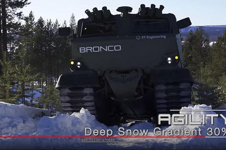 A screengrab from a video showing the amphibious Bronco All Terrain Tracked Carrier in a demonstration in Finland. ST Engineering and its American partner Oshkosh Defense will be building a prototype for the US Army's upcoming Cold Weather All-Terrai