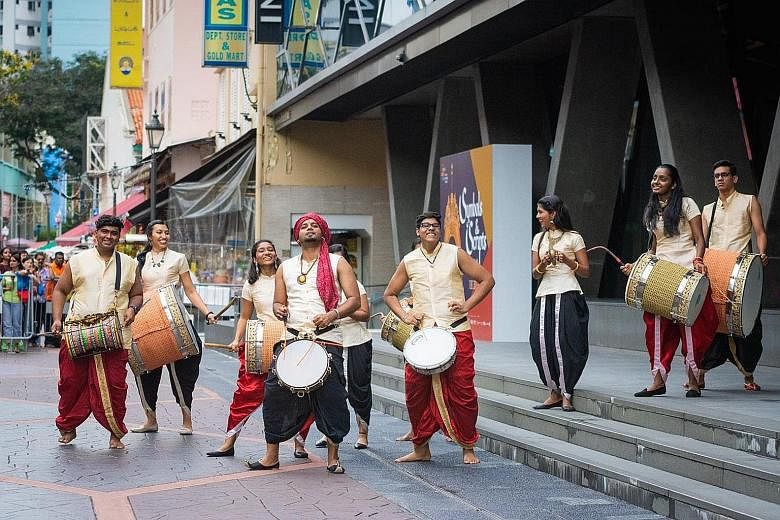 Traditional Indian drumming troupe Damaru performing as part of past Indian New Year festivities. This year's celebrations also include a mango festival, a gold festival and a treasure hunt. PHOTO: LITTLE INDIA SHOPKEEPERS AND HERITAGE ASSOCIATION