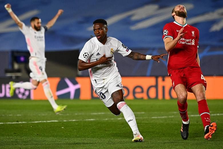 Real forward Vinicius Jr celebrating after scoring the opener in the 27th minute of the Champions League quarter-final first-leg clash against Liverpool at the Alfredo di Stefano Stadium in Madrid. He netted again in the 65th minute to record his fir