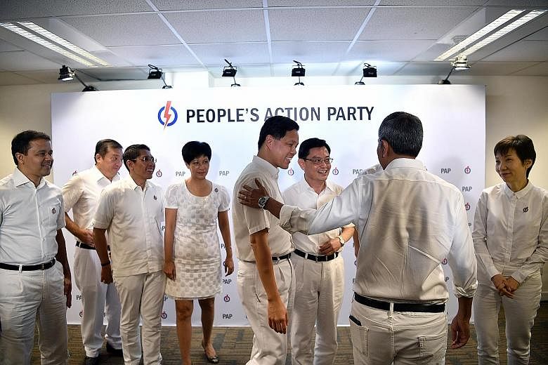 Members of the PAP's 4G leadership team after a press conference at the party's headquarters in Bedok in 2018. From left: Mr Christopher de Souza, Mr Sitoh Yih Pin, Dr Maliki Osman, Ms Indranee Rajah, Mr Chan Chun Sing, Mr Heng Swee Keat, Dr Vivian B