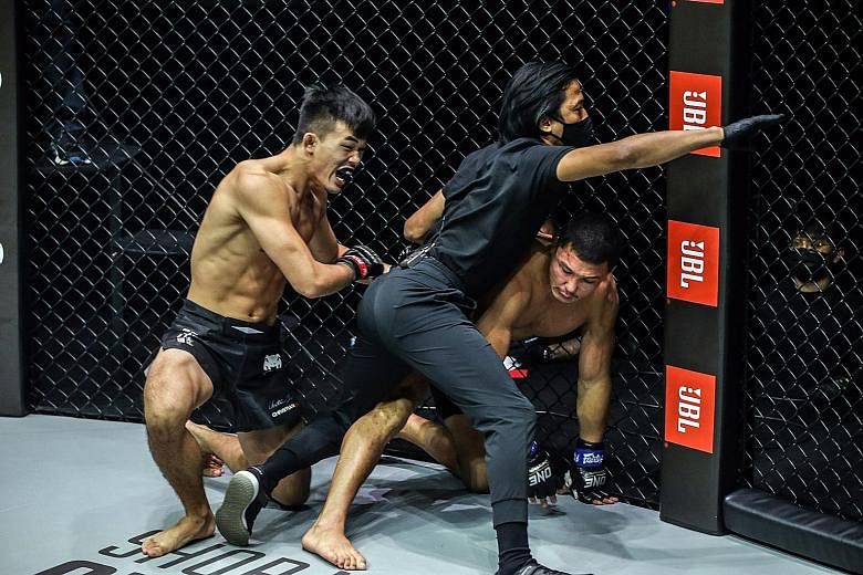 One lightweight world champion Christian Lee showing his prowess on his way to retaining his belt with a technical knockout win over Russian Timofey Nastyukhin at the One on TNT II event yesterday.