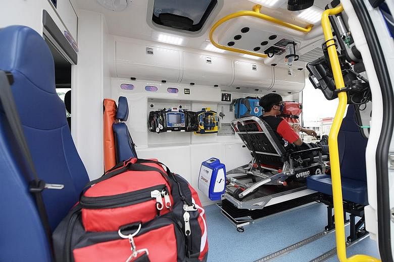 The SCDF's seventh-generation ambulance is equipped with a built-in system to decontaminate the vehicle within 20 minutes. The ambulance also has a solar panel and an electronically controlled loading and unloading system for stretchers. ST PHOTOS: A