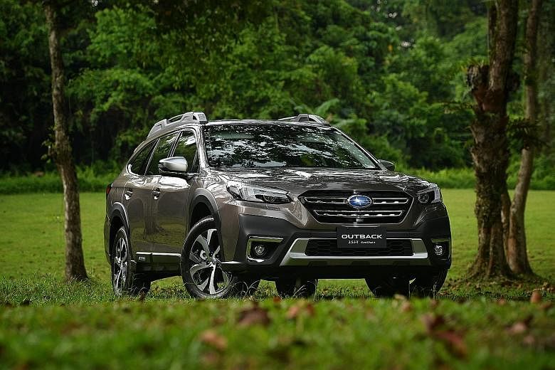 The Subaru Outback, which weighs 1.7 tonnes, has the dexterity and surefootedness of a lower-slung tourer. (Above) The 11.6-inch infotainment touchscreen, which is the largest in any Subaru, is friendly to use because it has familiar icons found on m