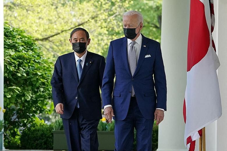 US President Joe Biden and Japan's Prime Minister Yoshihide Suga at the White House on Friday. The two leaders called for "peace and stability across the Taiwan Strait" in a statement issued after their summit.