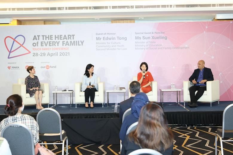 Minister of State for Social and Family Development Sun Xueling (third from left) in a panel discussion on building resilient families at the Touch Family Conference yesterday, with (from left) panellist Susan Ng, moderator Anita Low-Lim and panellis
