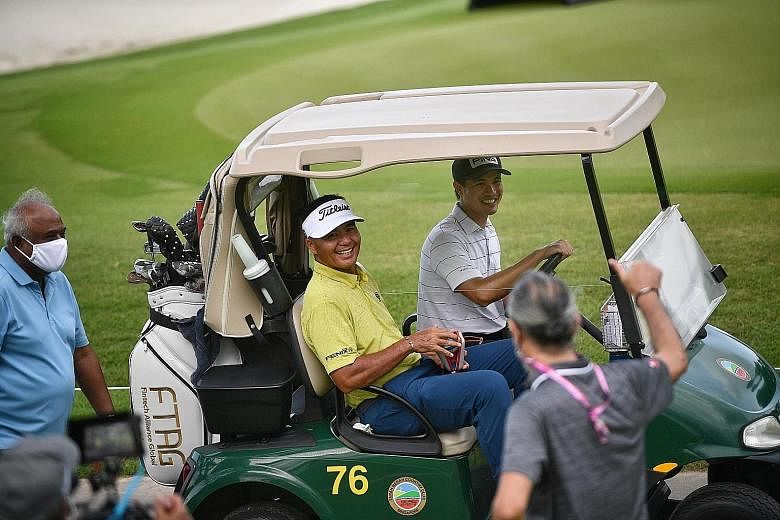Left: Gregory Foo (in white and above) and Mardan Mamat during the final round of the Singapore Pro Series Invitational yesterday. Foo shot his best-ever score of eight-under 64 for a 139 total to beat childhood hero Mardan by two shots and clinch th
