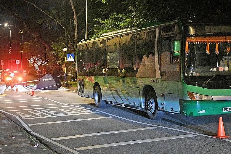 Ms Wong Siew Yuen (above) was killed after an accident involving a shuttle bus along Nanyang Drive (left) on Monday night.