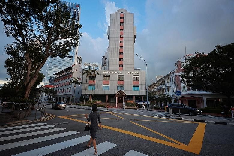 The 52-year-old Maxwell House sits on a trapezoidal island plot spanning 41,799 sq ft. It is near the dining and entertainment precinct of Tras Street, Duxton Hill and Keong Saik Road. ST PHOTO: JASON QUAH