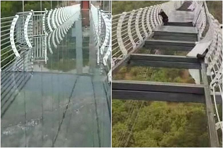 Several pieces of glass from the deck of a glass-bottom bridge at a resort in north-east China's Jilin province were blown off by strong winds on Friday, sparking online discussions about the safety of such bridges. PHOTO: SINA WEIBO