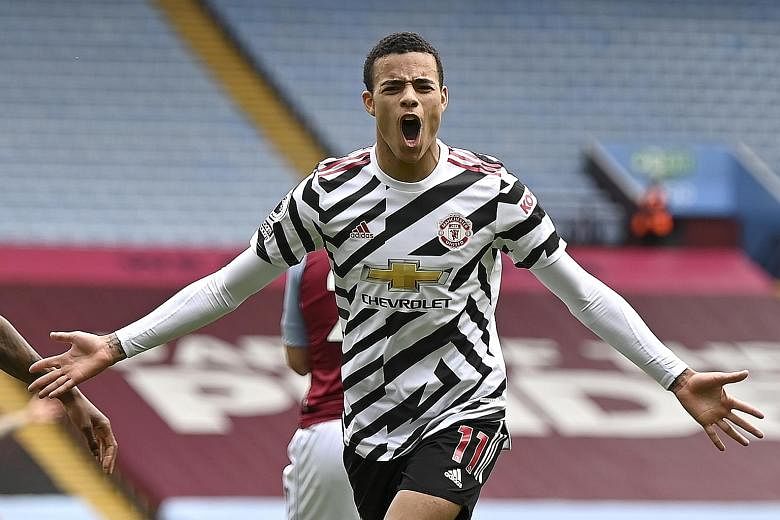 Forward Mason Greenwood celebrating after putting Manchester United 2-1 ahead in their Premier League match against Aston Villa yesterday. It was his fifth goal in as many top-flight games. PHOTO: EPA-EFE